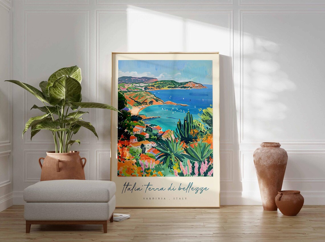 Sardinia Italy Lush Village Green Bay Sailboats Coast Art Poster - Image 3