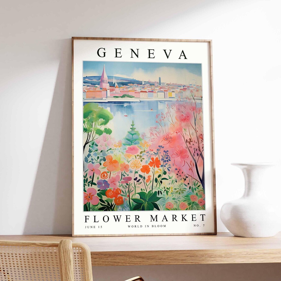 Geneva Flower Market Lakeside City Wildflowers Watercolor Art Poster