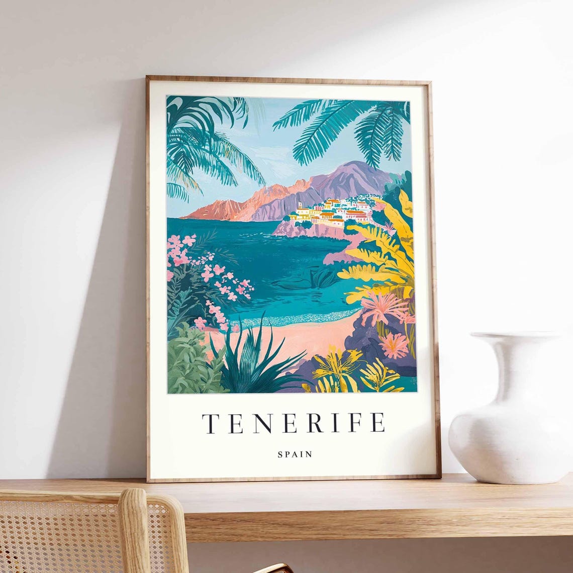 Tenerife Spain Cliffside Town Palm Coast Colorful Floral Poster
