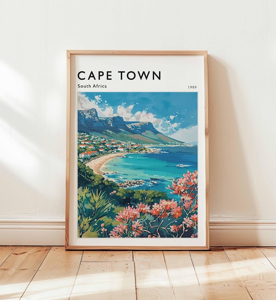 Cape Town South Africa Table Mountain Beach Vintage Travel Poster