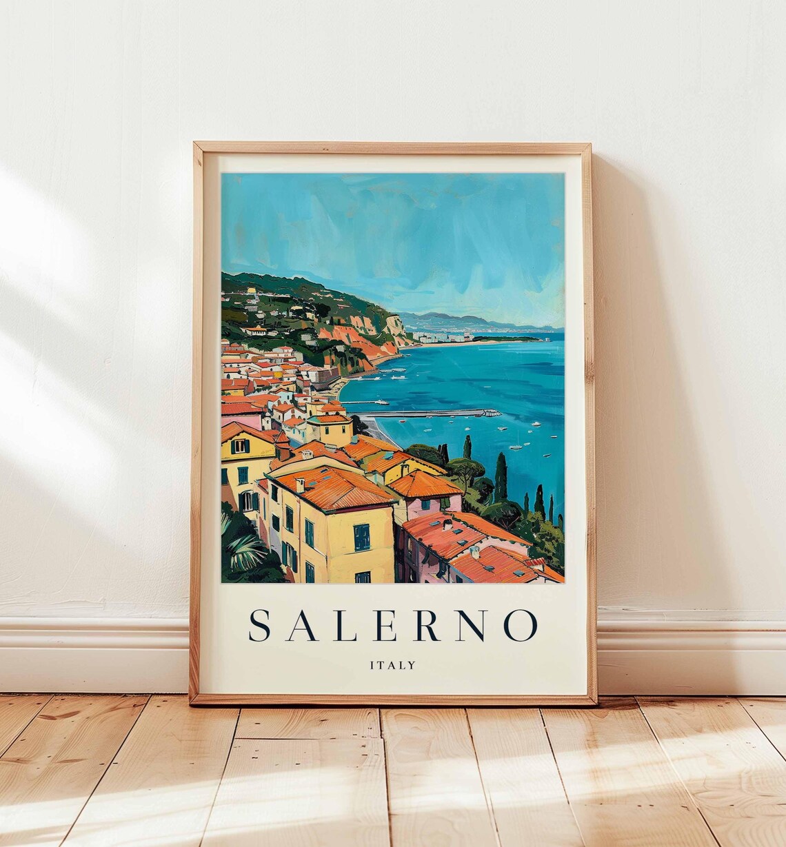 Salerno Colorful Hillside Houses Above The Turquoise Sea Poster