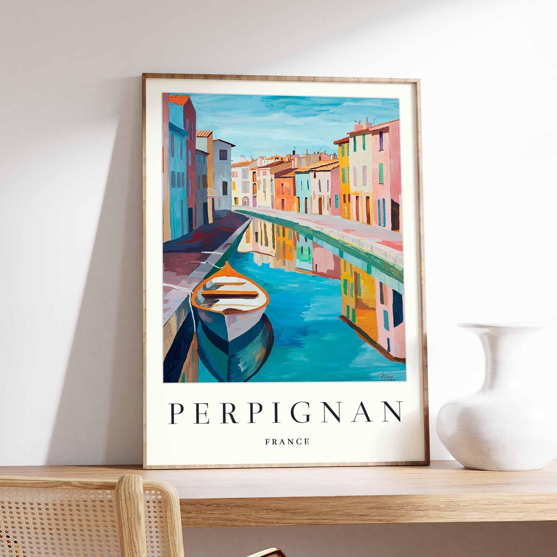 Perpignan France Canal Rowboat Colorful Water Reflections Poster