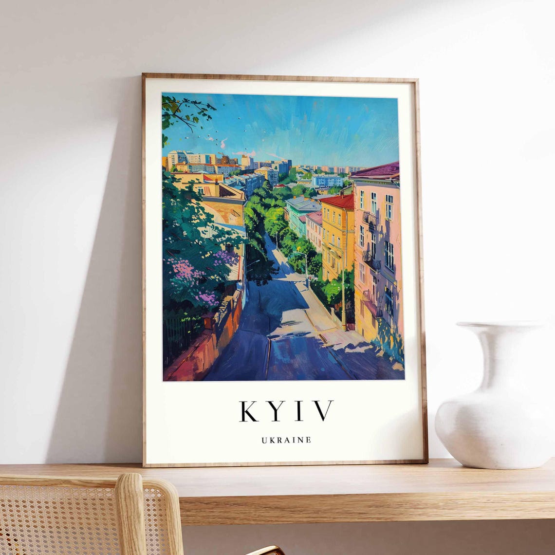 Kyiv Ukraine Sunlit Apartment Street Green Trees City View Poster