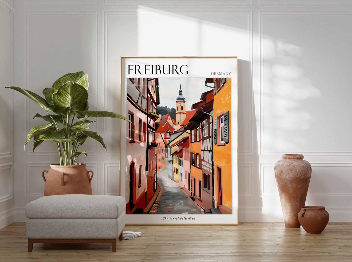Freiburg Germany Old Town Cobbled Street Church Tower Travel Poster - Image 3