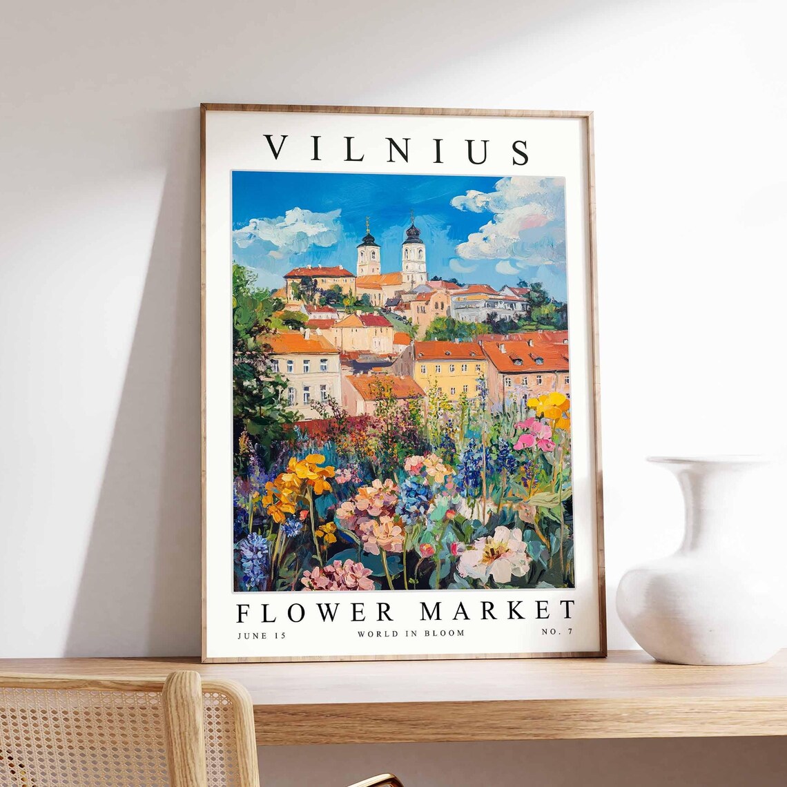 Vilnius Flower Market Two White Towers Colorful Flower Meadow Poster