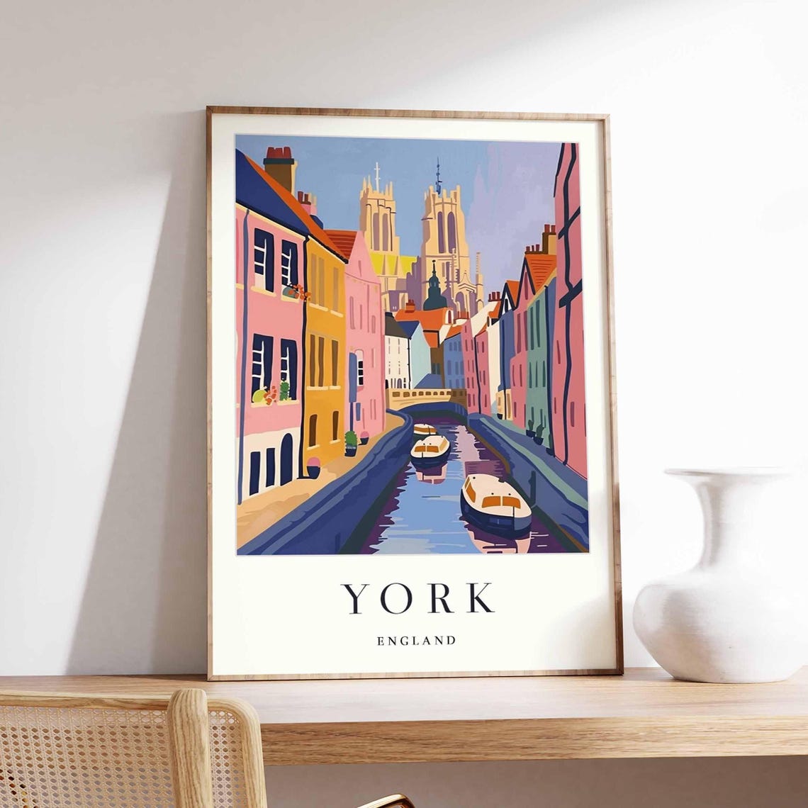 York England River Boats Minster Towers Colorful Travel Poster