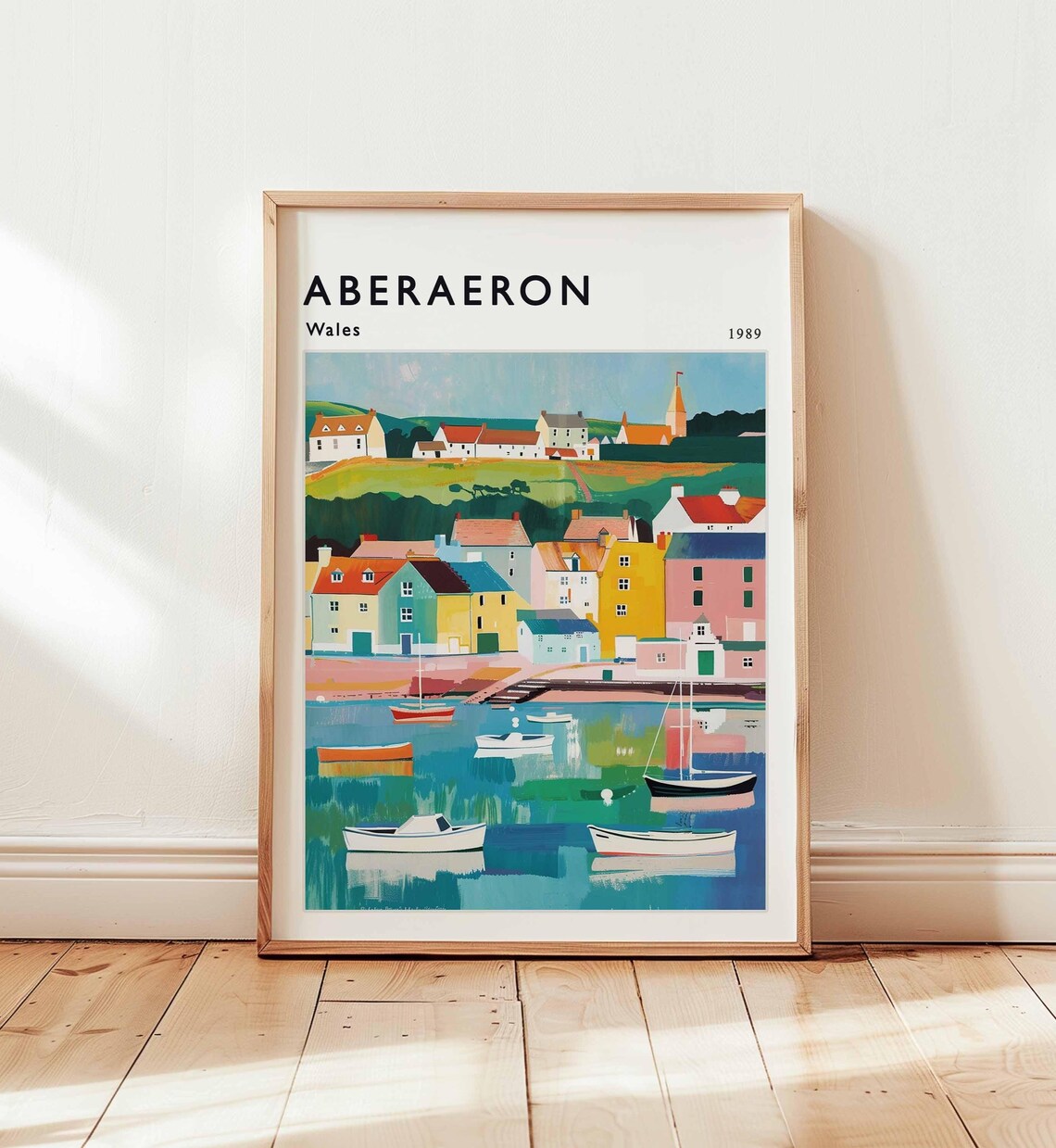 Aberaeron Wales 1989 Colorful Harbour Boats Pastel Coastal Poster
