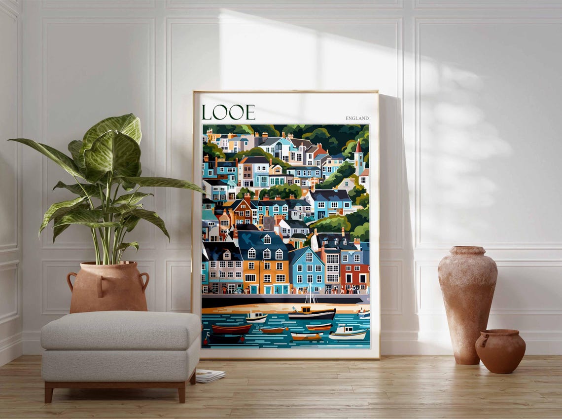 Looe England Waterfront Cottages Fishing Boats Harbor Scene Poster - Image 3