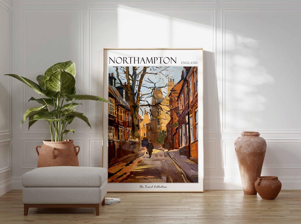 Northampton England Tree Lined Street Brick Houses Art Travel Poster - Image 2