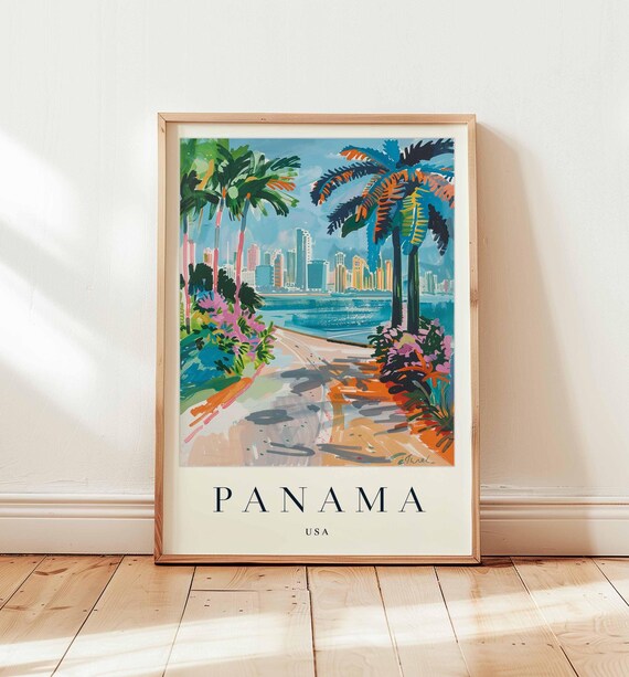 Panama USA City Skyline Palm Trees Tropical Coast Travel Poster