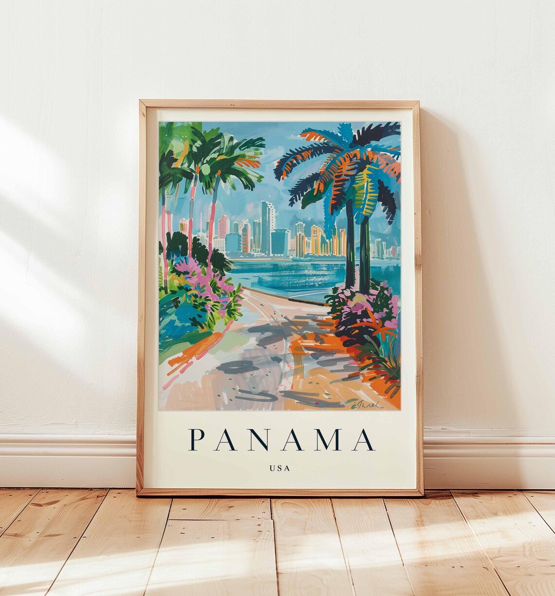 Panama USA City Skyline Palm Trees Tropical Coast Travel Poster