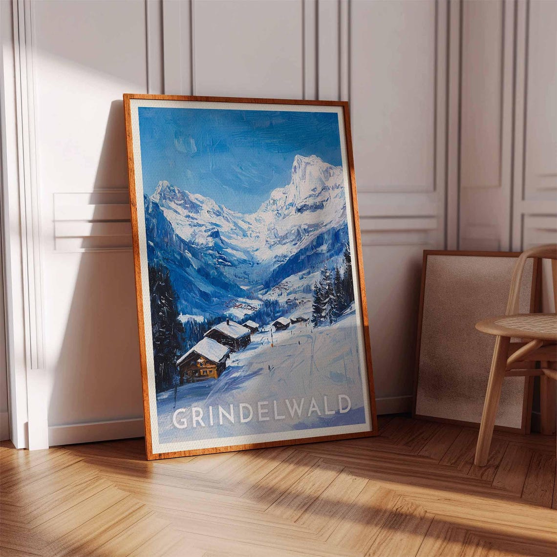 Grindelwald Alpine Snowy Valley Wooden Chalets Peaks Winter Poster - Image 2