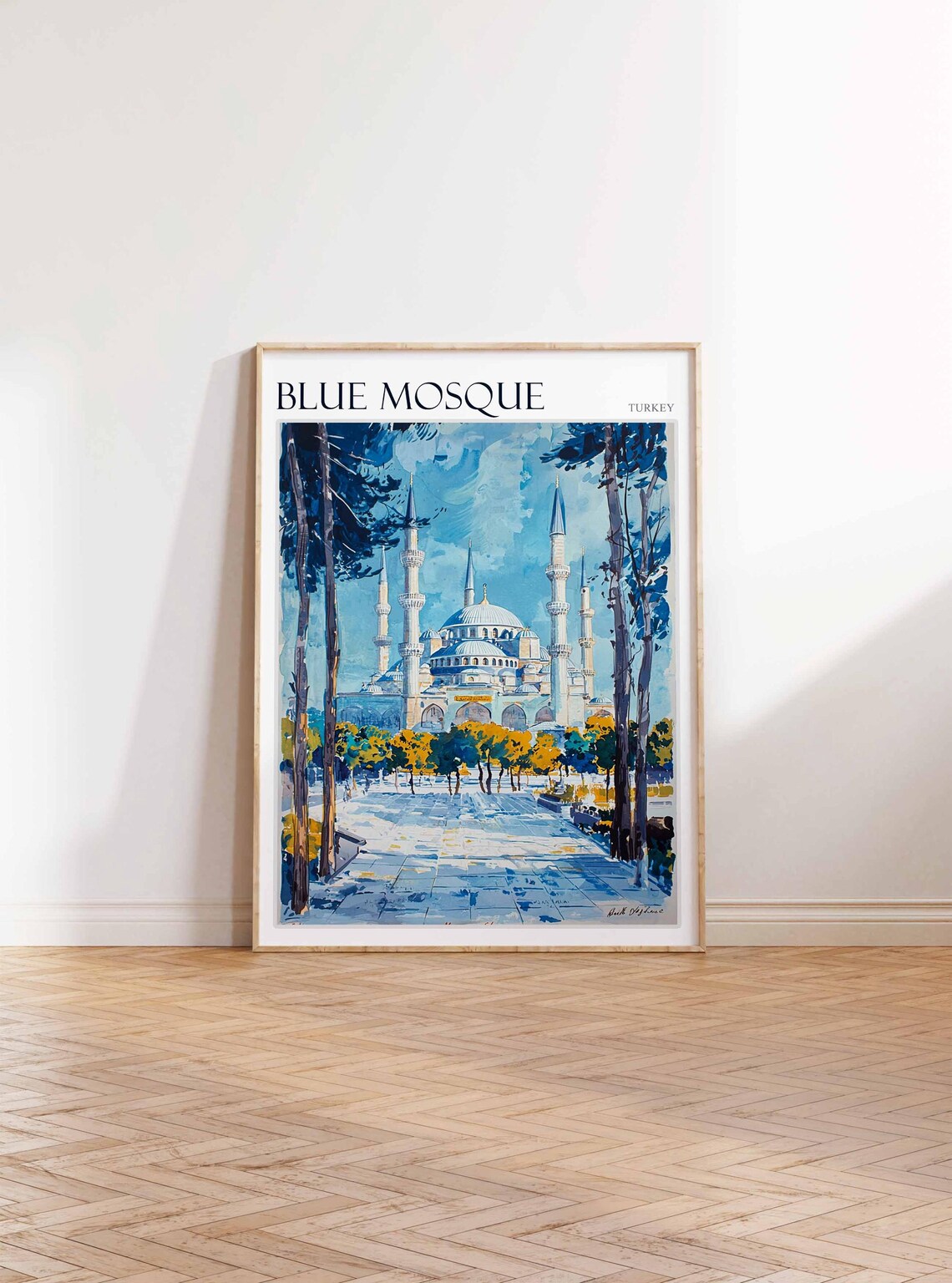 Blue Mosque Istanbul Courtyard Autumn Trees Watercolor Poster - Image 3