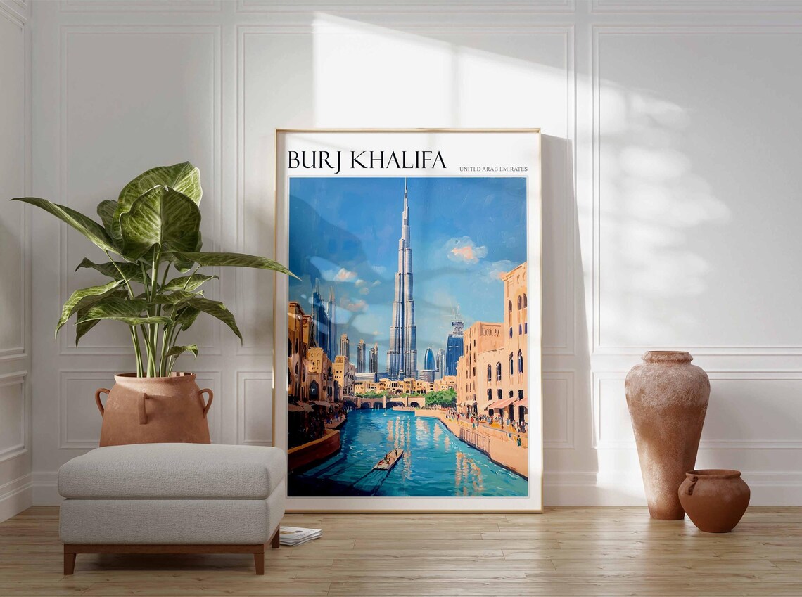 Burj Khalifa Dubai Old Town Canal and Boat Oil Painting Poster - Image 2