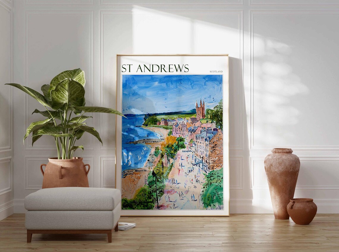 St Andrews Scotland Coastal Bay Town Church Beach Painting Poster - Image 2