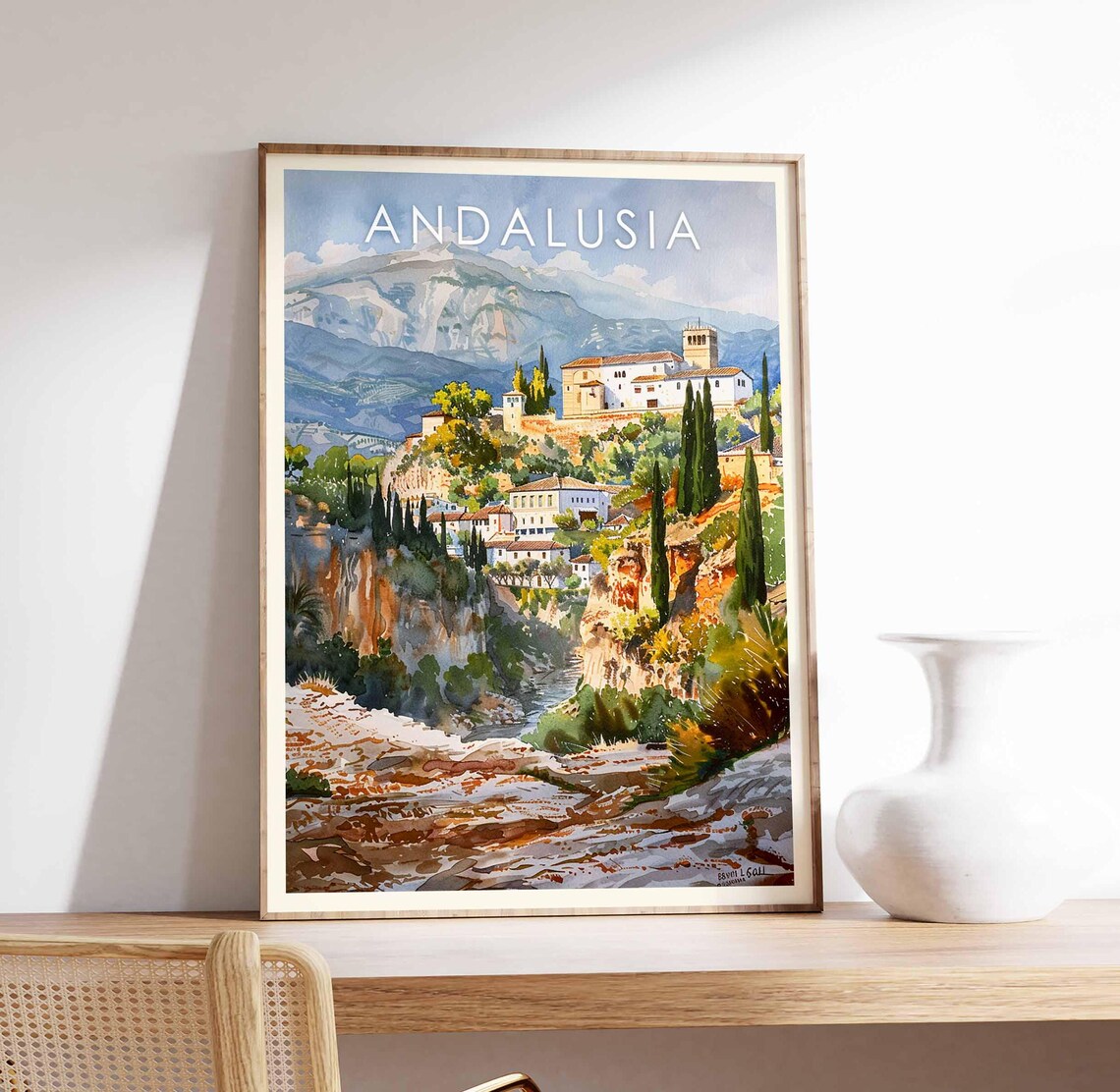Andalusia Spain White Village Mountains Watercolor Scene Poster