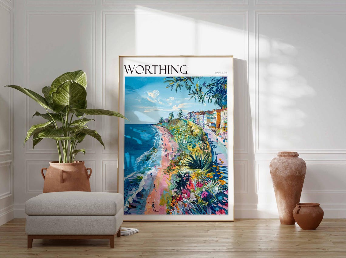 Worthing Poster Sussex Poster Uk Travel Poster Coastal Wall Art Uk Home Decor Worthing Travel Print Sussex Travel Print Worthing Art - Image 2