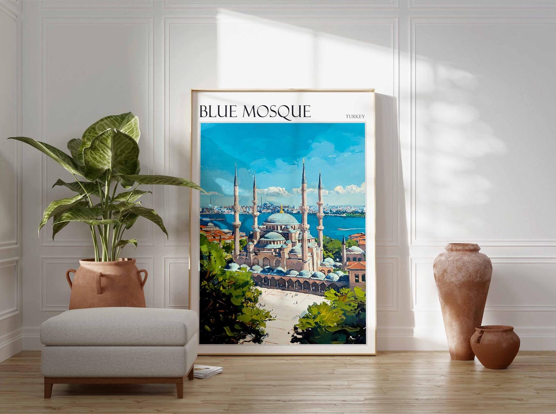 Blue Mosque Courtyard Trees Sea View Bright Impressionist Poster - Image 2