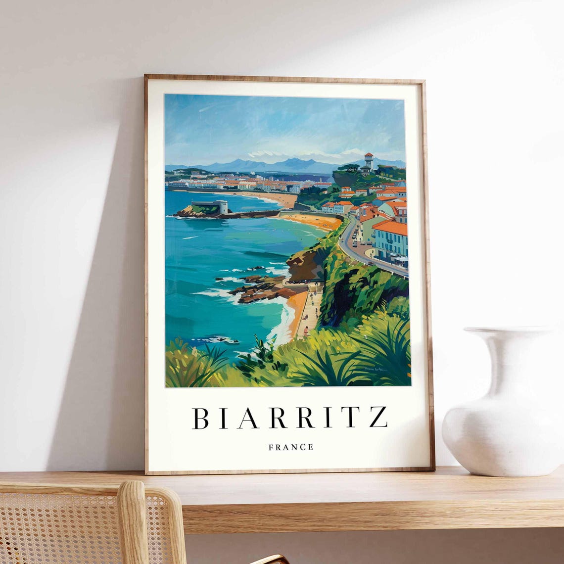Biarritz France Basque Coast Beach Cliffs Vintage Travel Art Poster