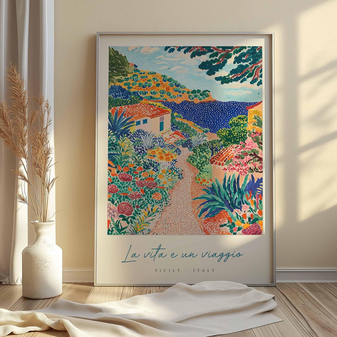 Sicily Italy Floral Travel Poster Garden Path Cottages And Sea View - Image 2