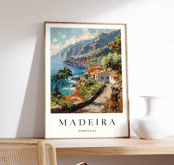 Madeira Portugal Coastal Village Palm Bay Scenic Travel Art Poster