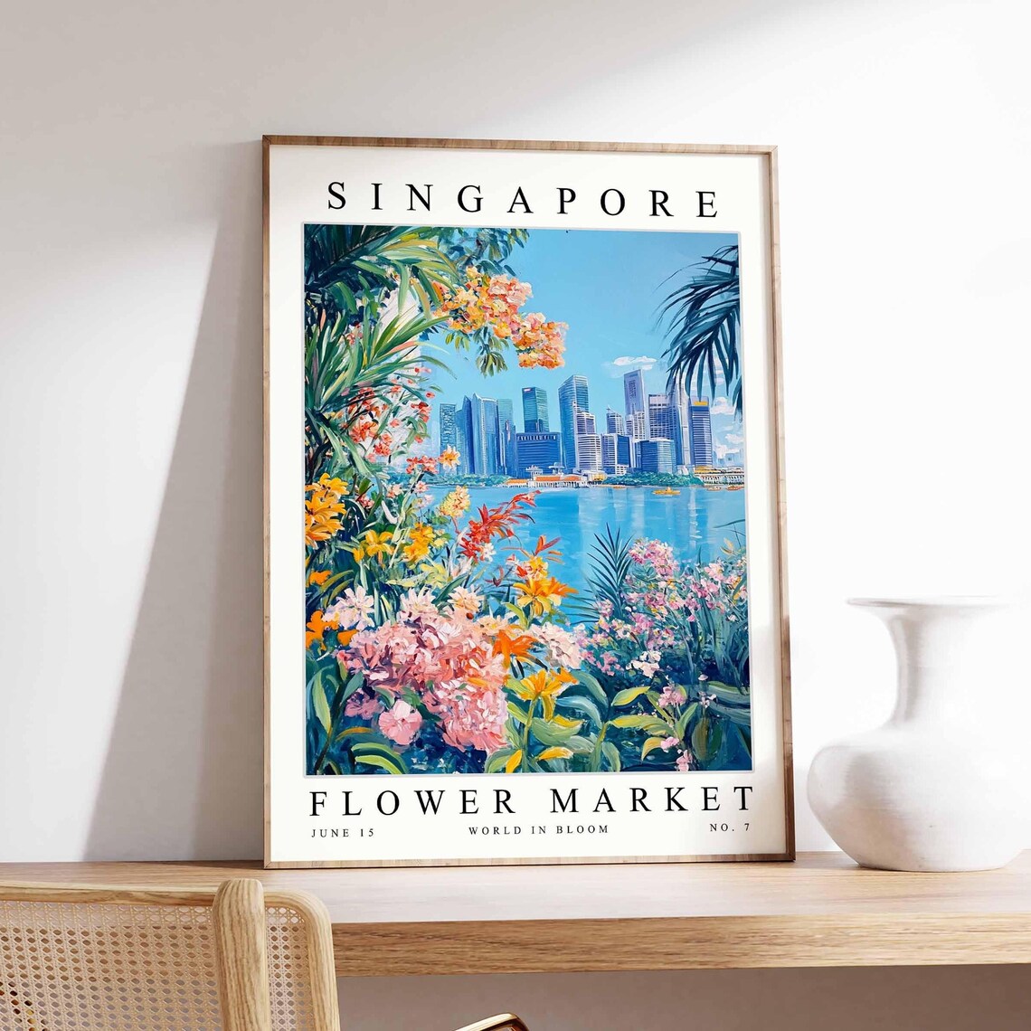 Singapore Flower Market Bay Skyline Palm Framed Bloom Border Poster