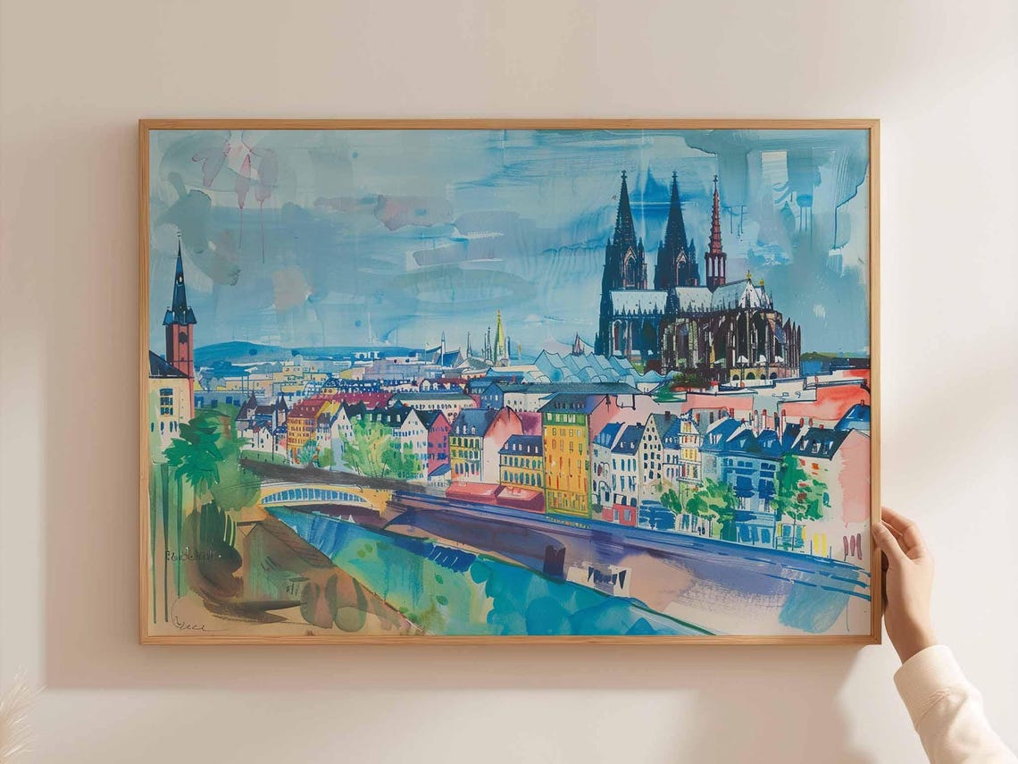 Cologne Cathedral Germany Watercolor River Skyline Art Poster