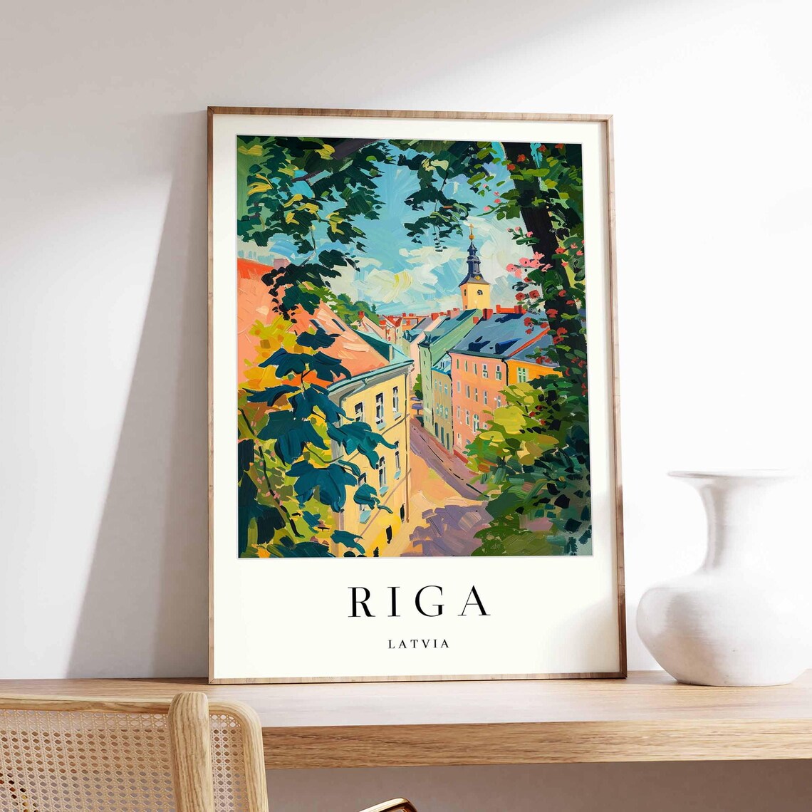 Riga Latvia Leafy Old Town Street With Church Tower Travel Poster