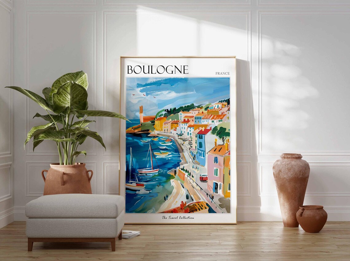 Boulogne France Colorful Harbor Sailboats Seaside Town Travel Poster - Image 3