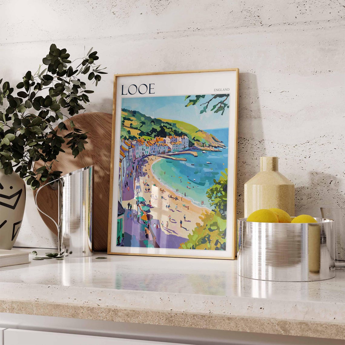 Looe England Aerial Beach Crowded Promenade Green Hillside View Poster - Image 2