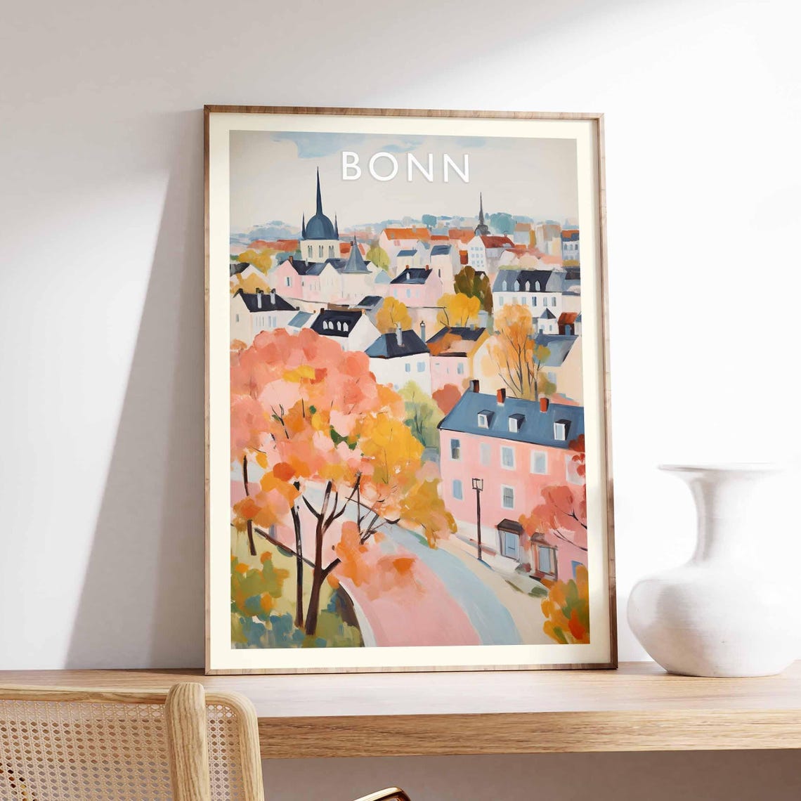 Bonn Pastel Rooftops Golden Autumn Tree Art Germany Travel Poster