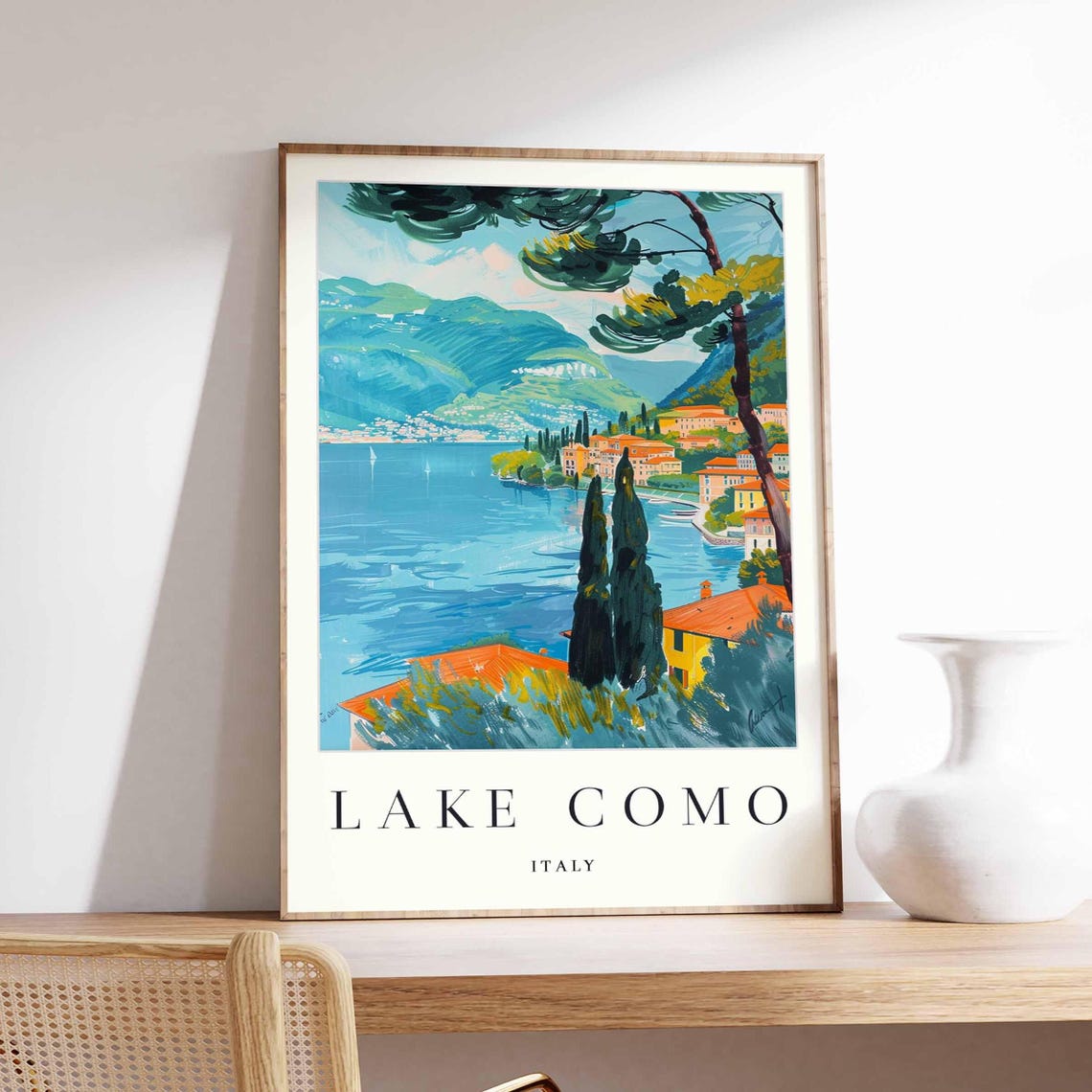 Lake Como Italy Cypress Trees Lakeside Painted Travel Poster