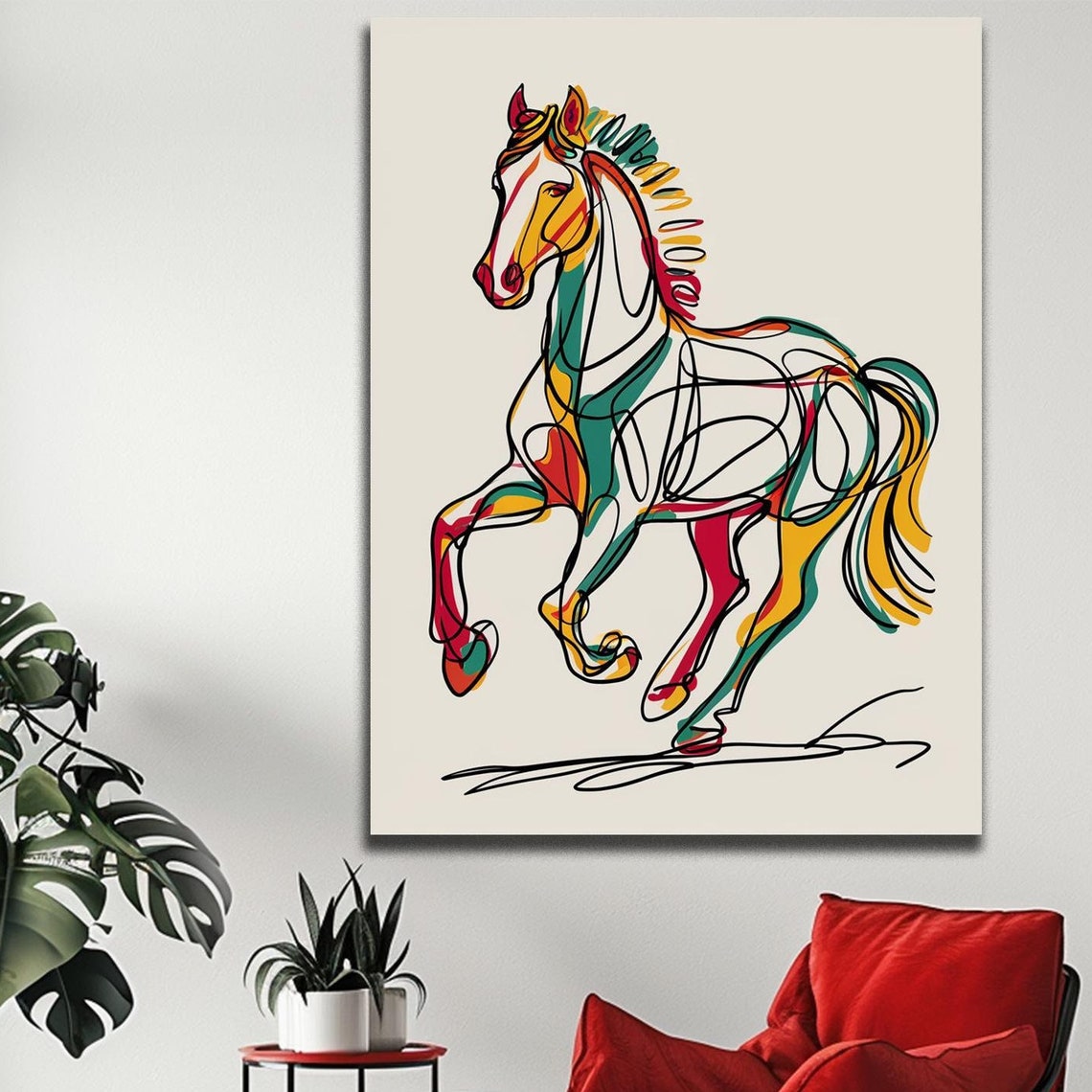 Abstract Galloping Horse Wall Art with Colorful Continuous Line Style