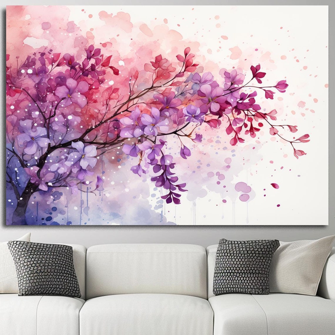 Pink Purple Blossom Branch Watercolor Soft Floral Bloom Wall Art