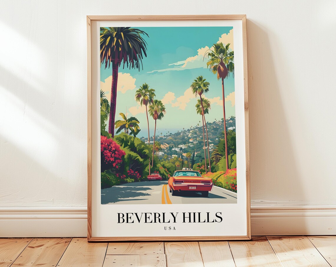 Beverly Hills USA Classic Car Palm Road Hillside Retro Travel Poster