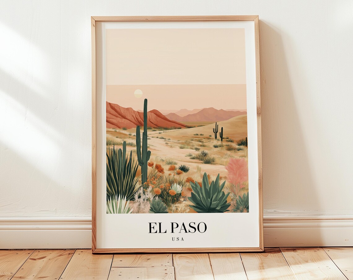 El Paso USA Desert Cactus Landscape Warm Serene Desert Travel Poster