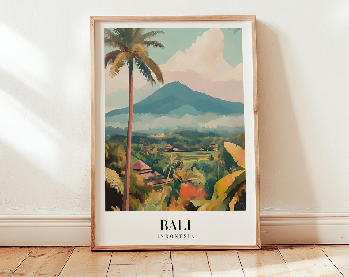 Bali Indonesia Volcano Jungle Village Misty Landscape Travel Poster