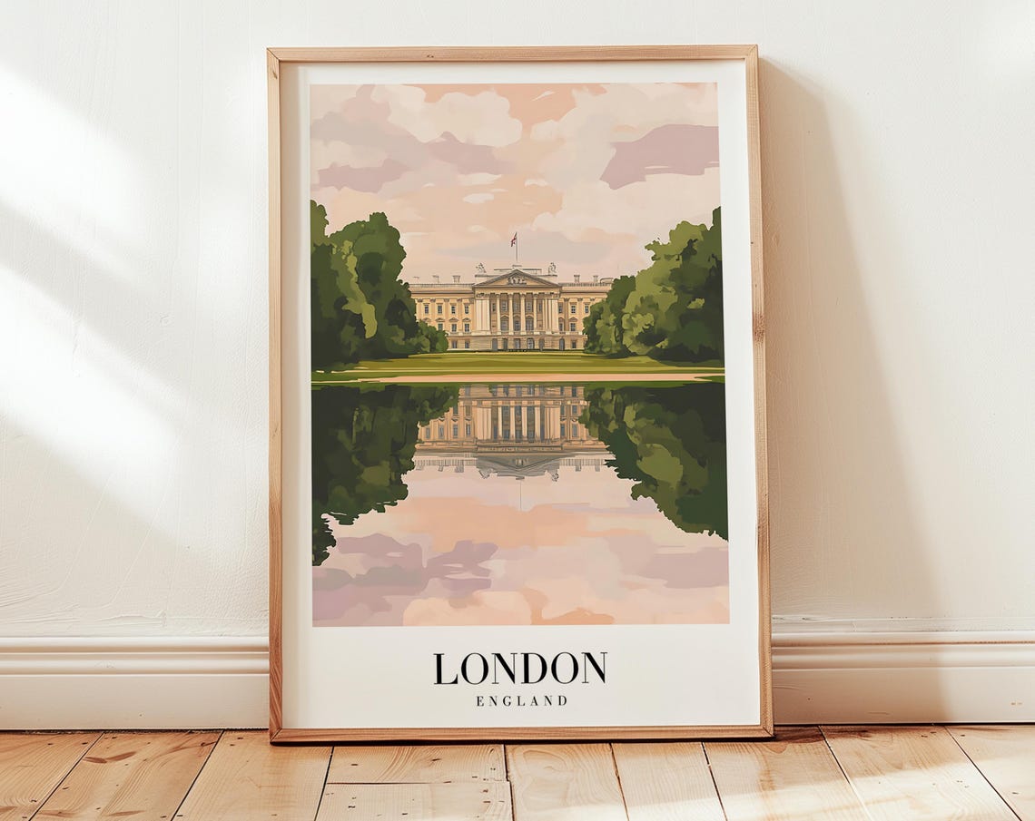 London England Buckingham Palace Reflection Vintage Travel Poster