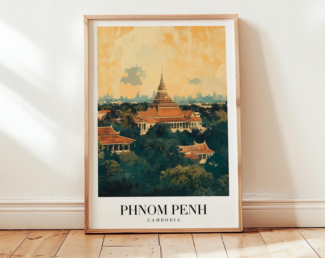 Phnom Penh Cambodia Royal Temple Golden Spire Retro Travel Poster
