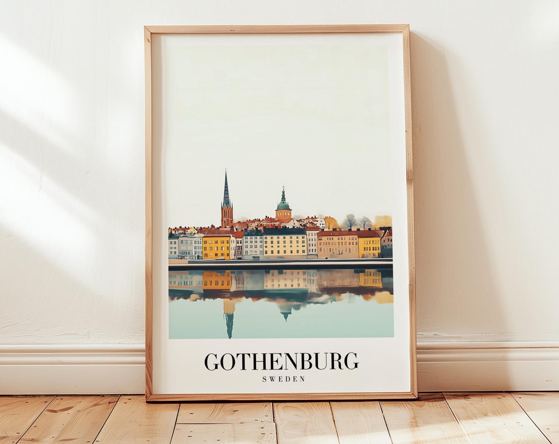 Gothenburg Sweden Waterfront Reflections Vintage Travel Poster