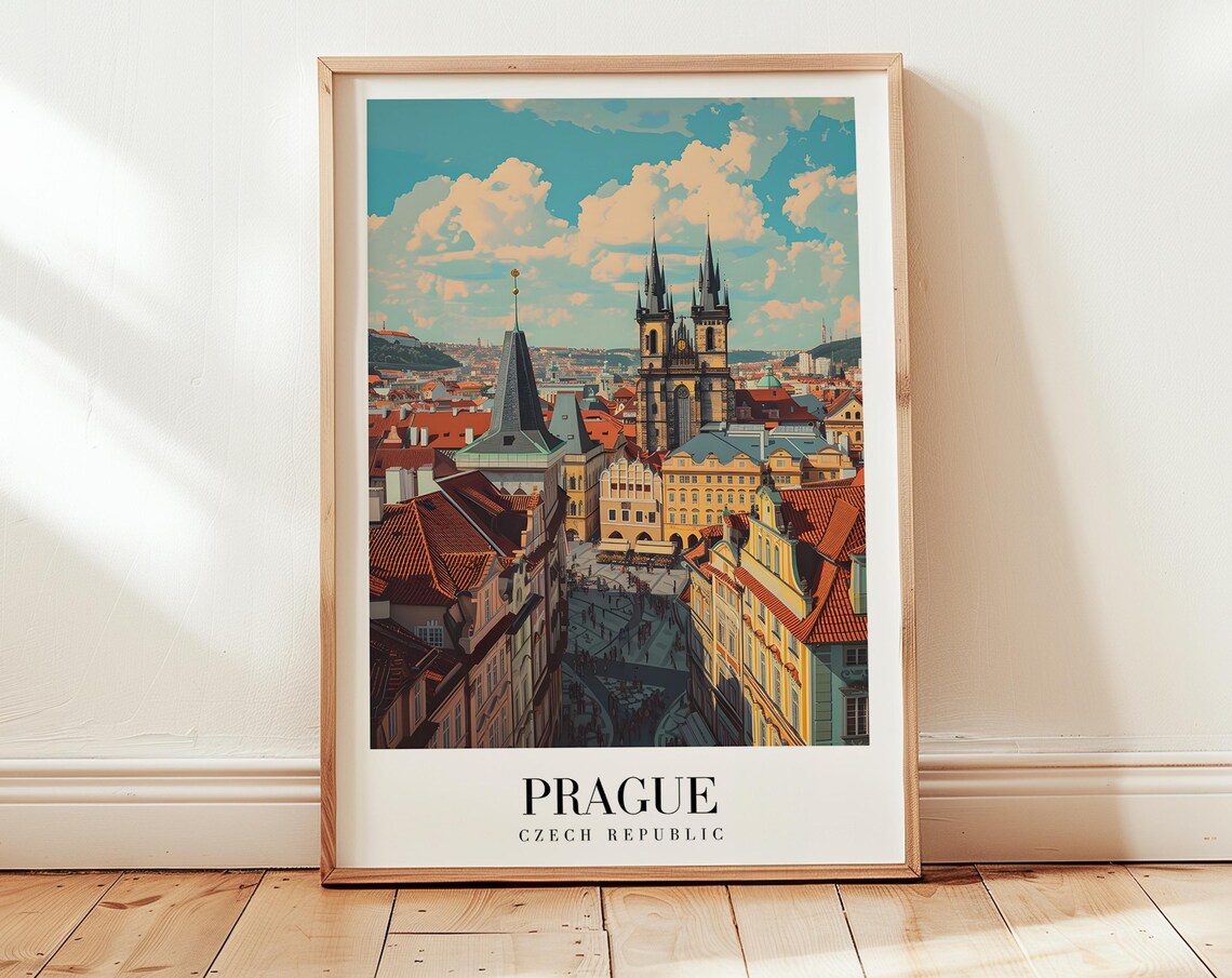 Prague Czech Republic Old Town Square Church Spires Vintage Poster