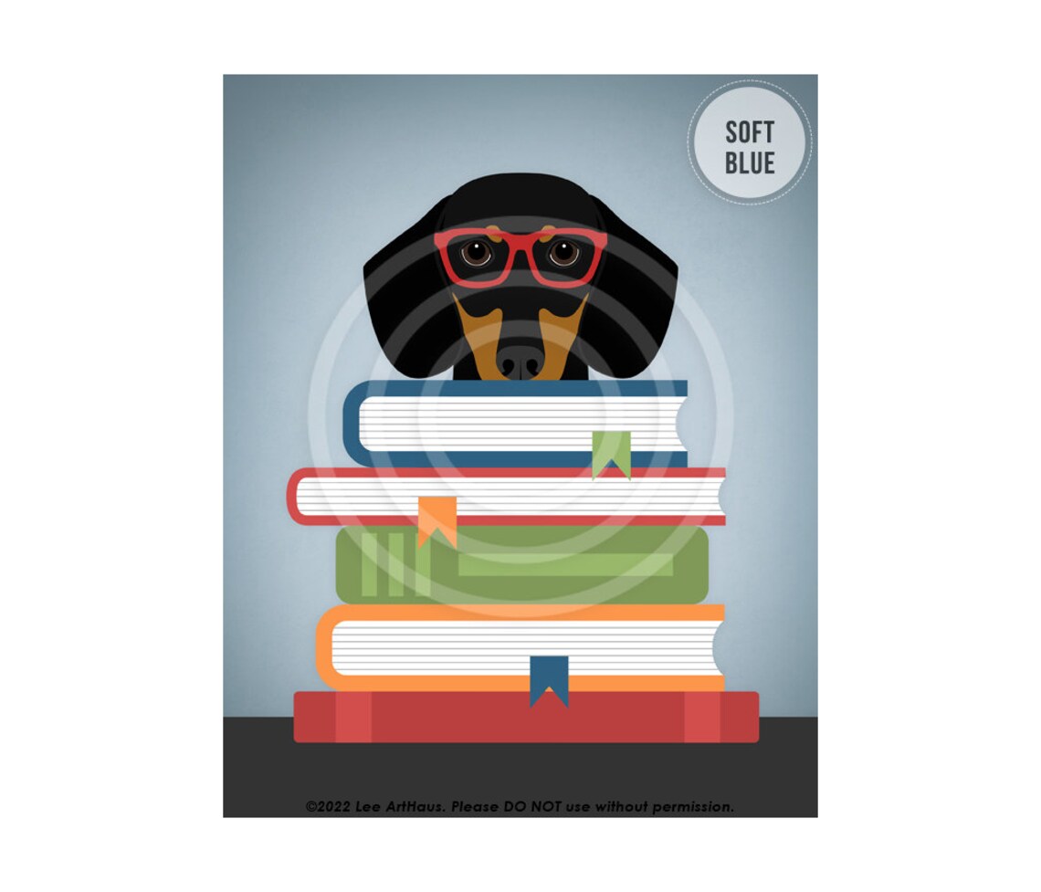 Dachshund Wearing Red Glasses With Stack of Books Funny Dog Poster - Image 2