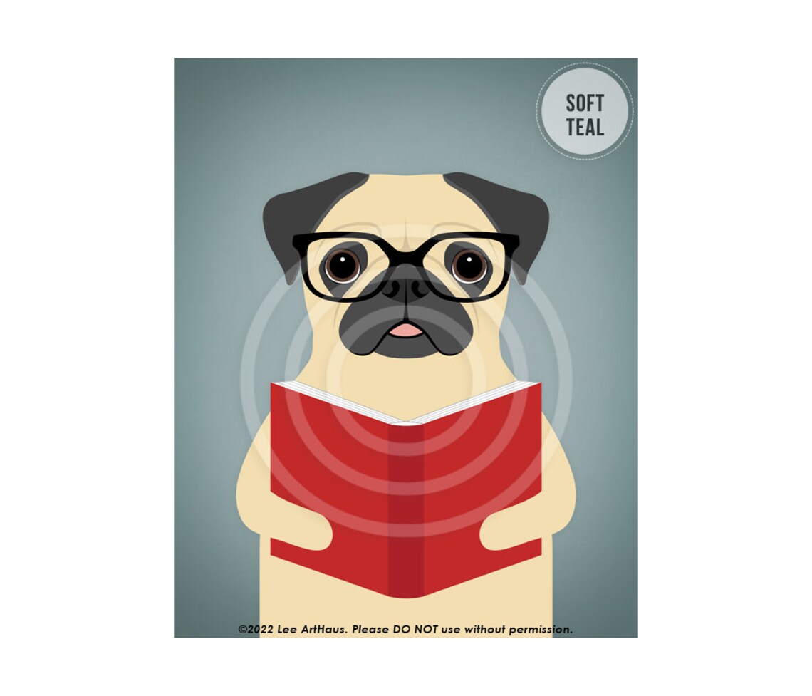 Fawn Pug Wearing Glasses Reading a Red Book Funny Dog Poster - Image 4