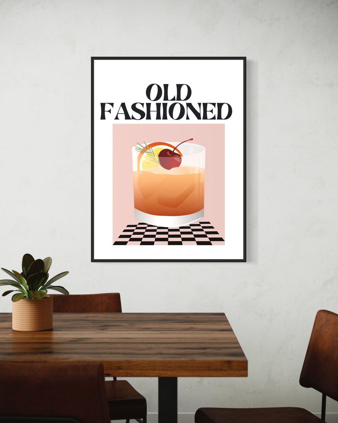 Old Fashioned Cocktail Illustration Retro Bar Decor Art Poster