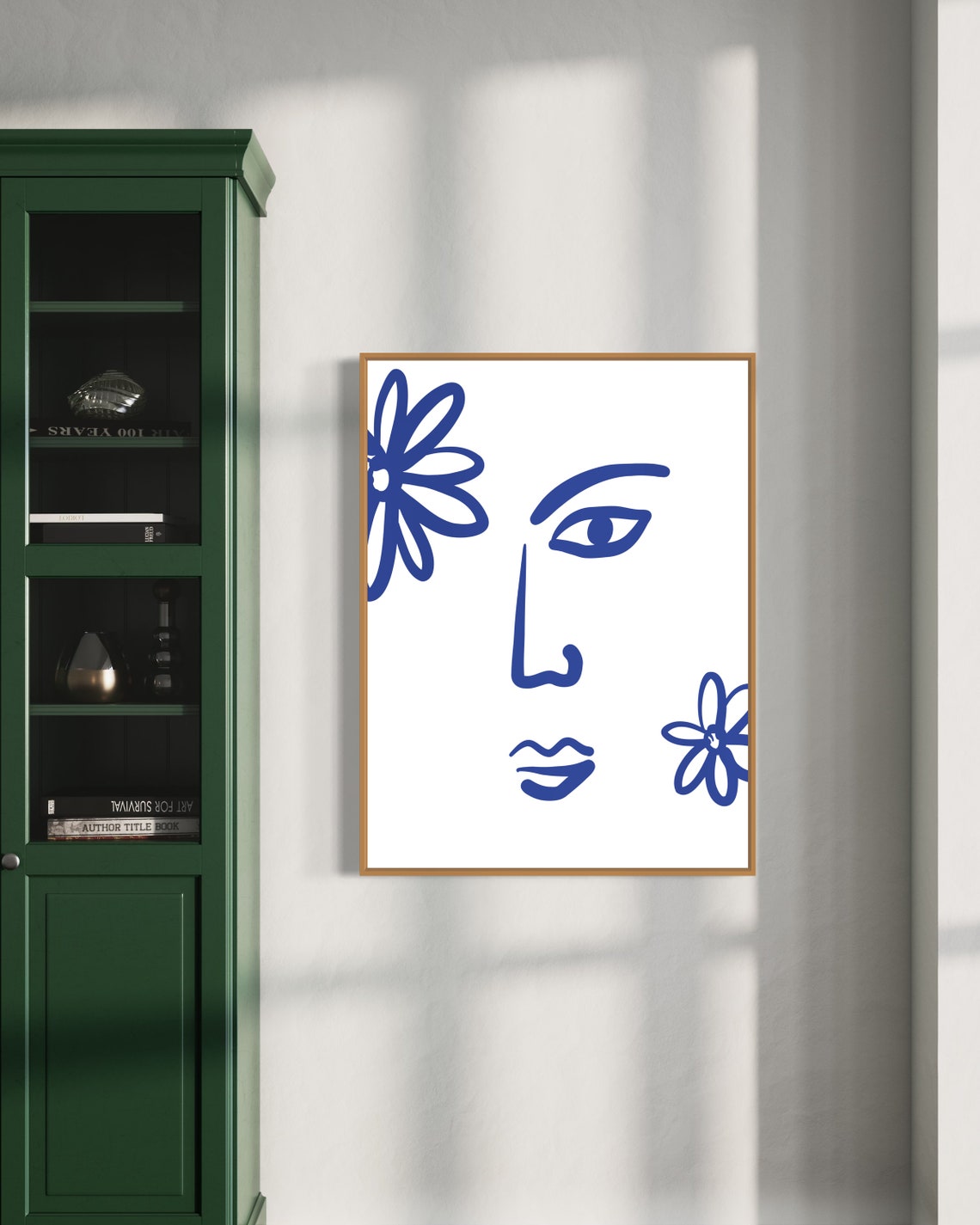 Blue Line Art Abstract Face With Flowers Minimalist Modern Art Poster - Image 3