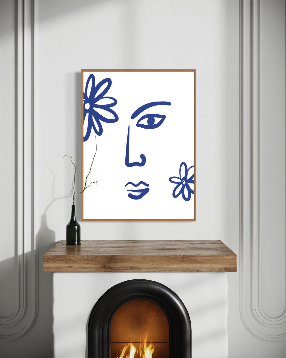 Blue Line Art Abstract Face With Flowers Minimalist Modern Art Poster - Image 4