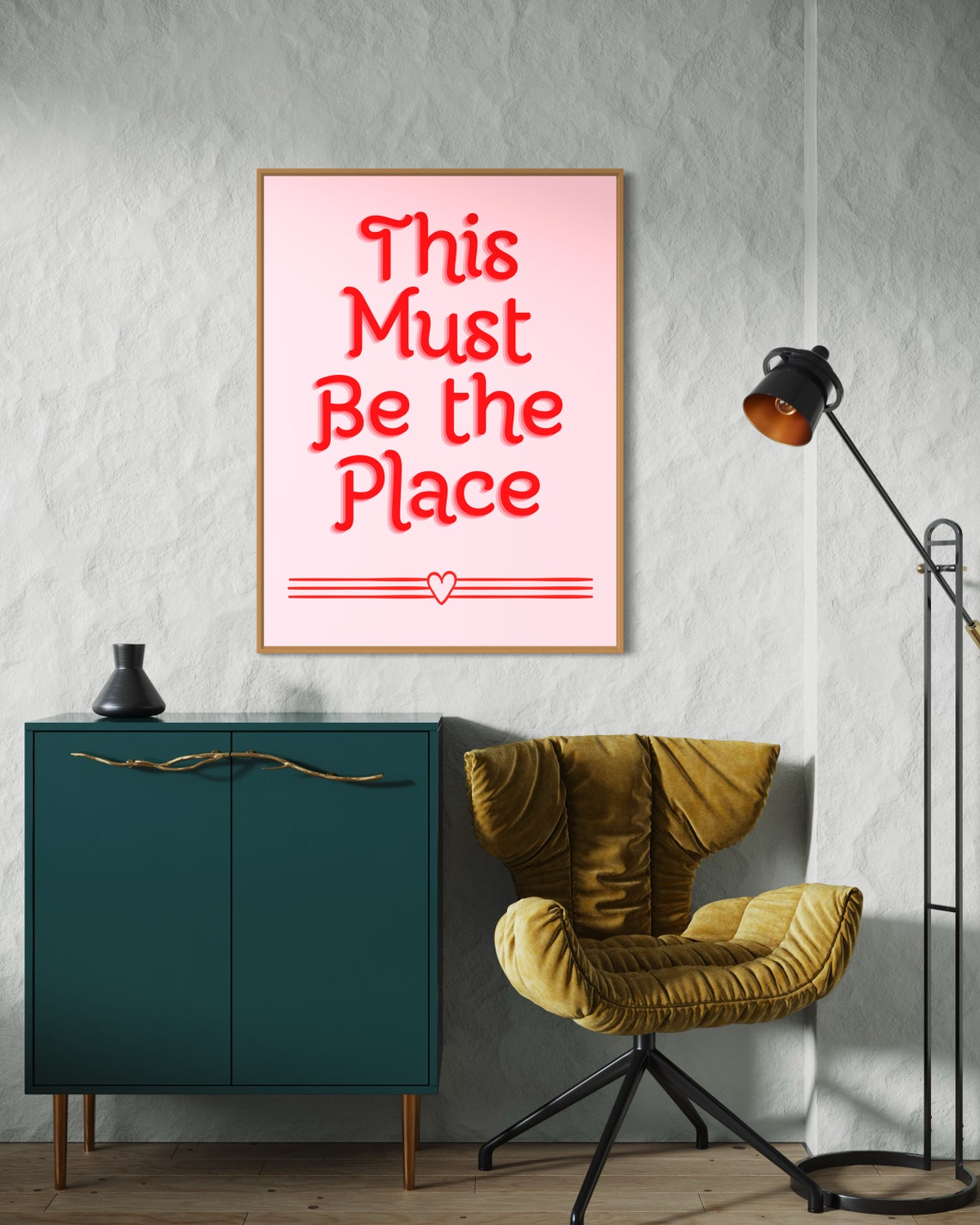 This Must Be The Place Pink Red Retro Quote Poster With Heart Lines - Image 2