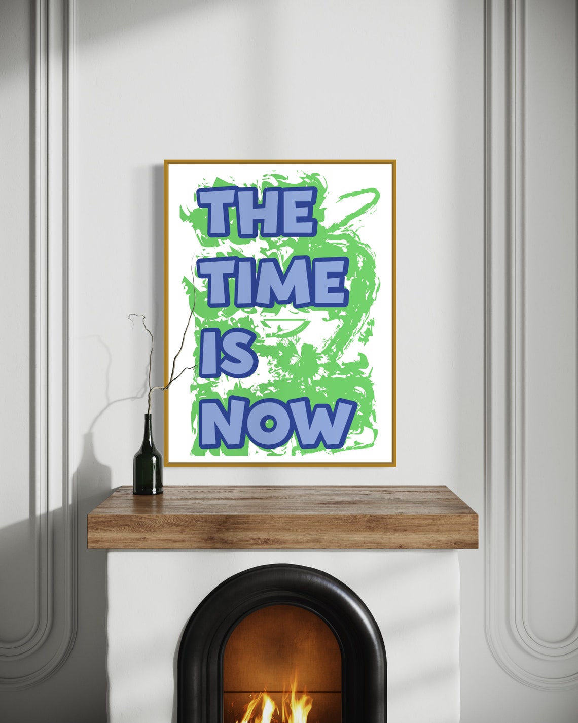 The Time Is Now Blue Bold Letters Green Splatter Motivational Poster