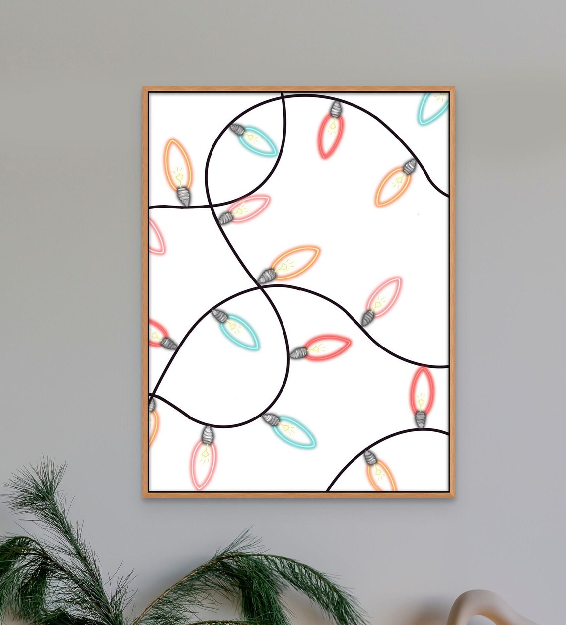 Colorful Christmas String Lights Tangle White Holiday Art Poster