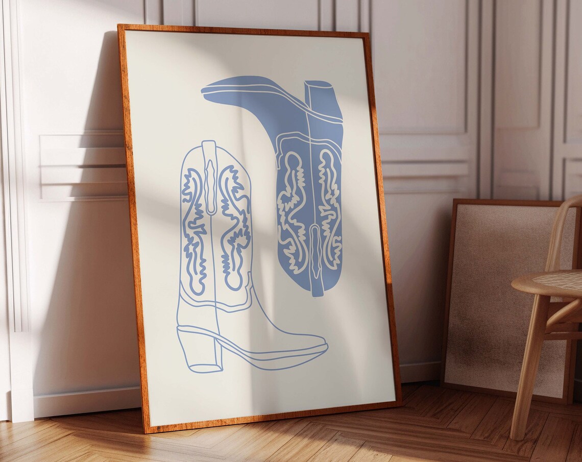 Blue Cowboy Boots Line Art Cream Minimalist Western Decor Poster
